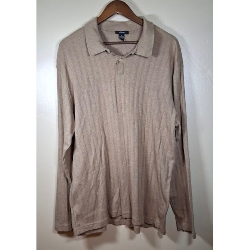 Alfani Womens XL Tan Long Sleeve Ribbed Cotton Polo Shirt Khaki Knit Top